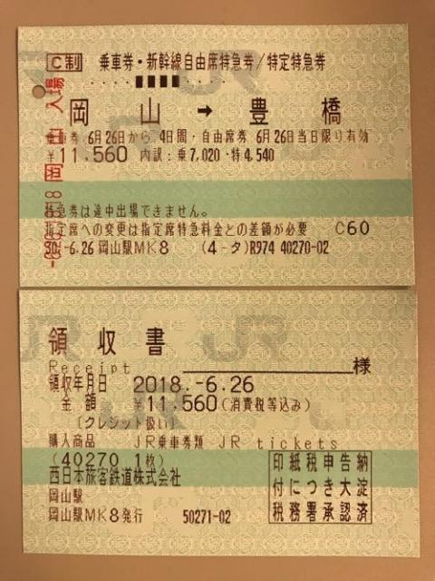 岡山駅から豊橋駅まで新幹線で移動した時の切符と領収書