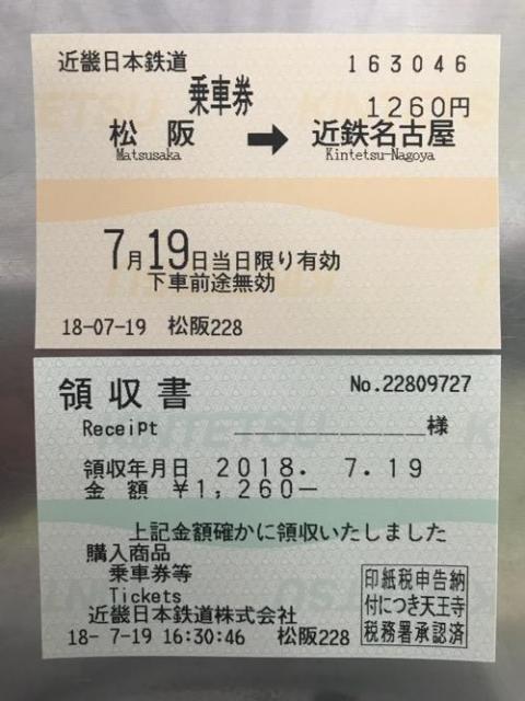 松阪駅から近鉄名古屋駅まで移動した時の切符と領収書