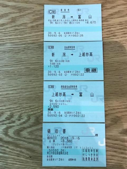 新潟駅から富山駅までの切符、領収書