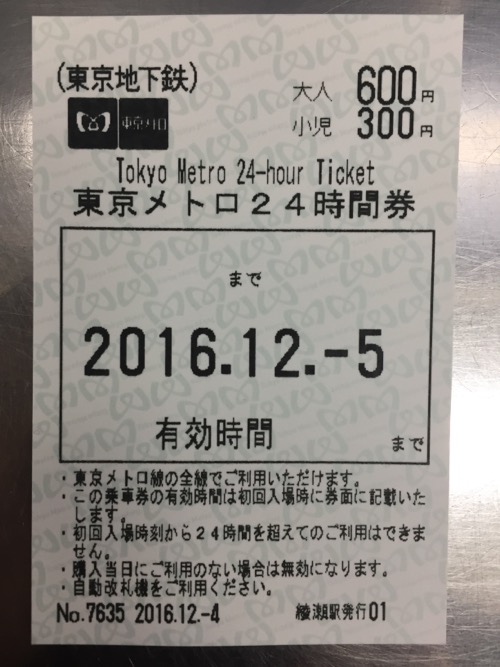綾瀬駅で購入した東京メトロ24時間券