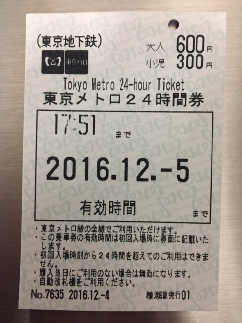 綾瀬駅で購入した東京メトロ24時間券-改札通過後(時刻の記載あり)