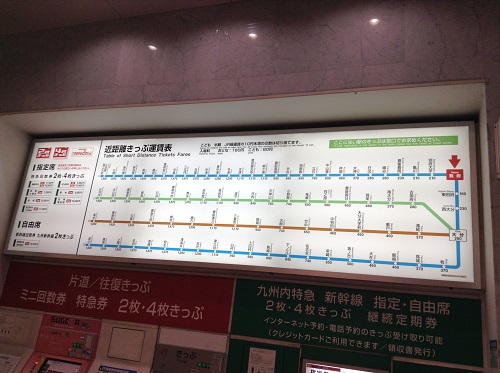 JR別府駅（大分県別府市駅前町）構内の切符売り場にある「近距離切符運賃表」