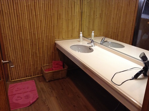 媛彦温泉の家族風呂（日帰りの湯）の貸切部屋内の洗面所、鏡、ドライヤー