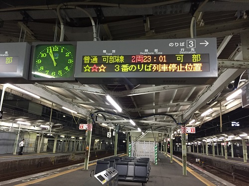 JR広島駅構内の3番線ホームと頭上の電光掲示板