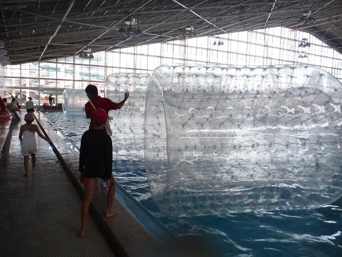 イヨテツスポーツセンター・室内プールの「ハムスターローラー」に乗り込もうとする小学6年生の娘