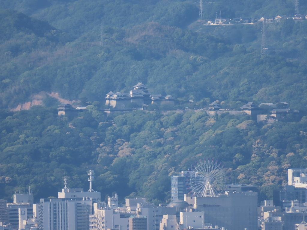 谷上山 見晴らし台から望遠ズームで眺める松山城、観覧車「くるりん」
