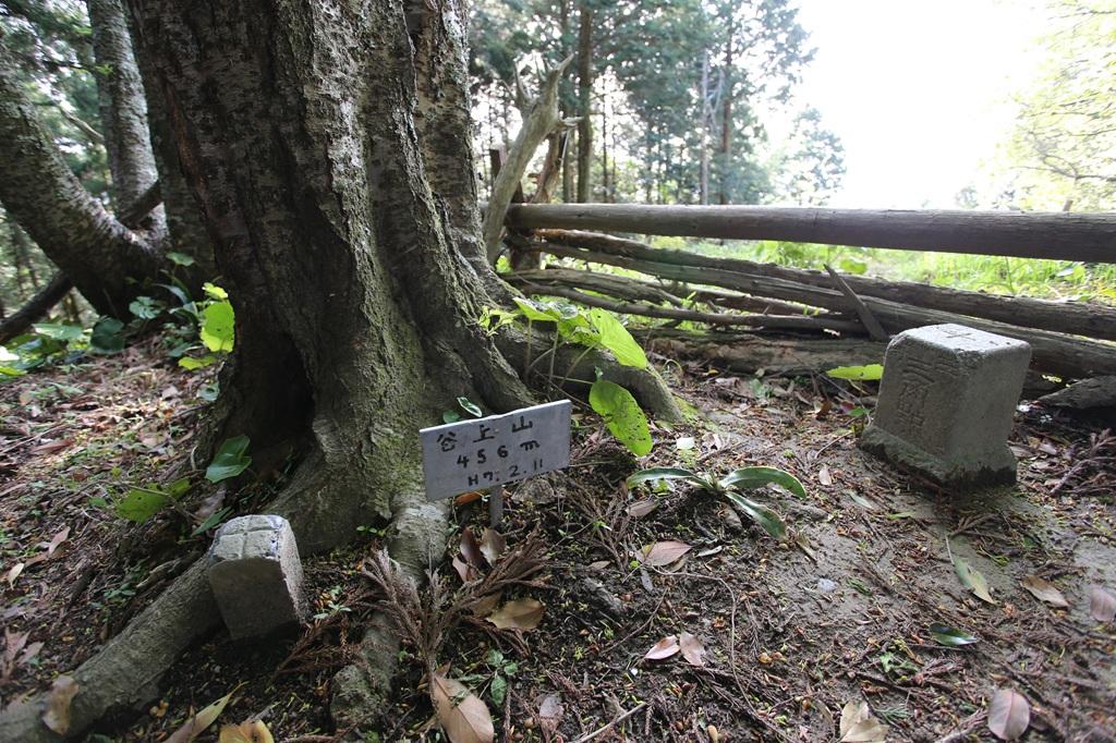 谷上山 山頂 標高の標識と三角点