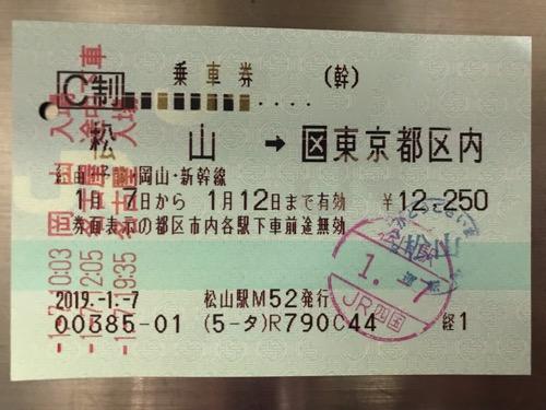 松山駅から東京駅までの乗車券