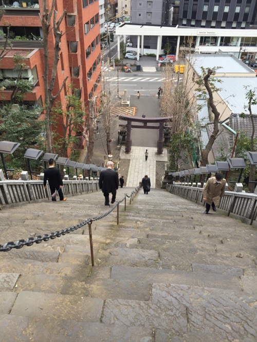 愛宕神社の出世の石段の下り口から眺めた下の方の眺め