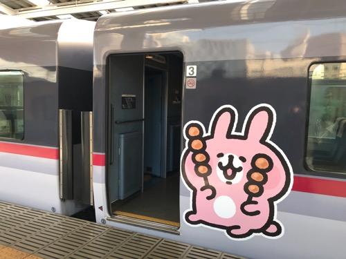 西武新宿駅2番線ホームに停車中の「カナヘイの小動物 ゆるっと小旅 西武鉄道で行く川越旅」のラッピング列車(3号車の出入口で串団子を両手に持つ笑顔のピンクのうさぎ)