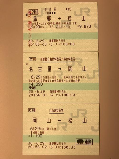 蒲郡駅から松山駅までの乗車券、新幹線自由席特急券／特定特急券、自由席特急券