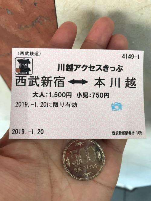 西武鉄道 川越アクセスきっぷ（西武新宿⇔本川越）と500円硬貨