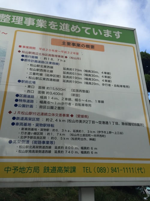 JR松山駅にある看板「連続立体交差事業と一体的に土地区画整理事業を進めています」に記載されている主要事業の概要