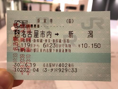 名古屋市内の駅から新潟駅までの乗車券(改札機を三回通した日時スタンプ付)