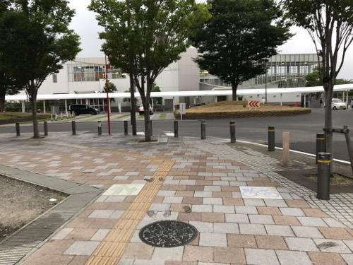 宮城県名取市の市章と名取市の花・花桃が描かれたマンホールの蓋がある歩道周辺の様子とJR名取駅