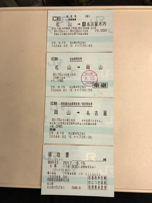 JR松山駅からJR名古屋駅までの乗車券、自由席特急券、新幹線自由席特急券、領収書