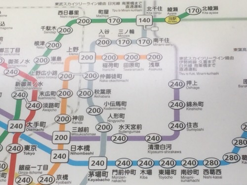東京メトロ・JR綾瀬駅の東京メトロきっぷ運賃表の綾瀬駅付近