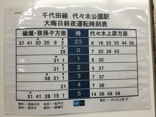 東京メトロ千代田線代々木公園駅の大晦日終夜運転時刻表（2015年の年末）