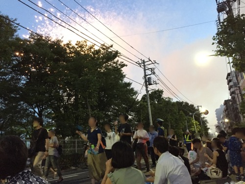平成28年 第39回隅田川花火大会 隅田川に近い道路を歩くたくさんの人と木が邪魔になって見えにくい花火