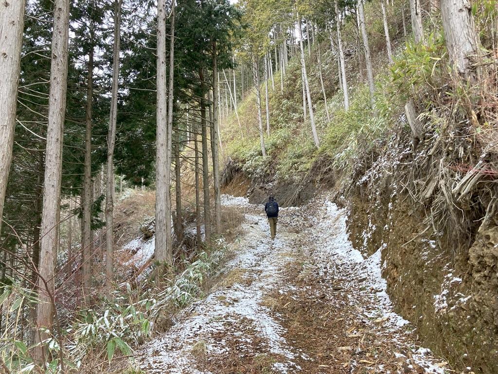 皿ヶ嶺畑野川ルート1：雪の山道を歩く娘