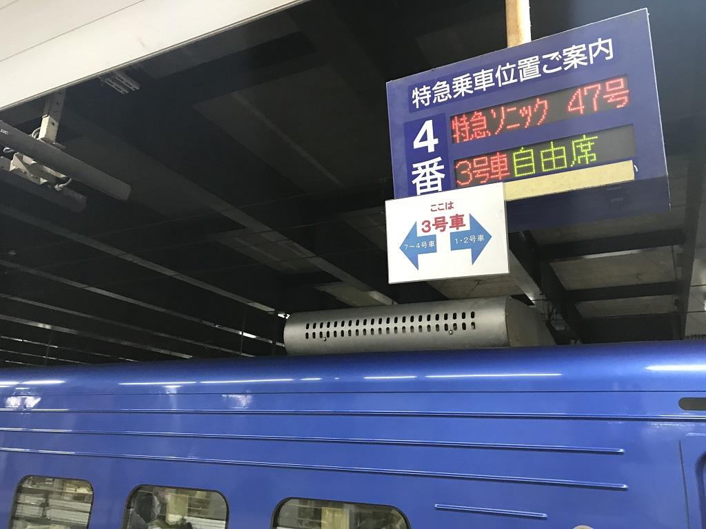 JR小倉駅7番ホーム4番乗り場頭上にある「特急乗車位置ご案内」