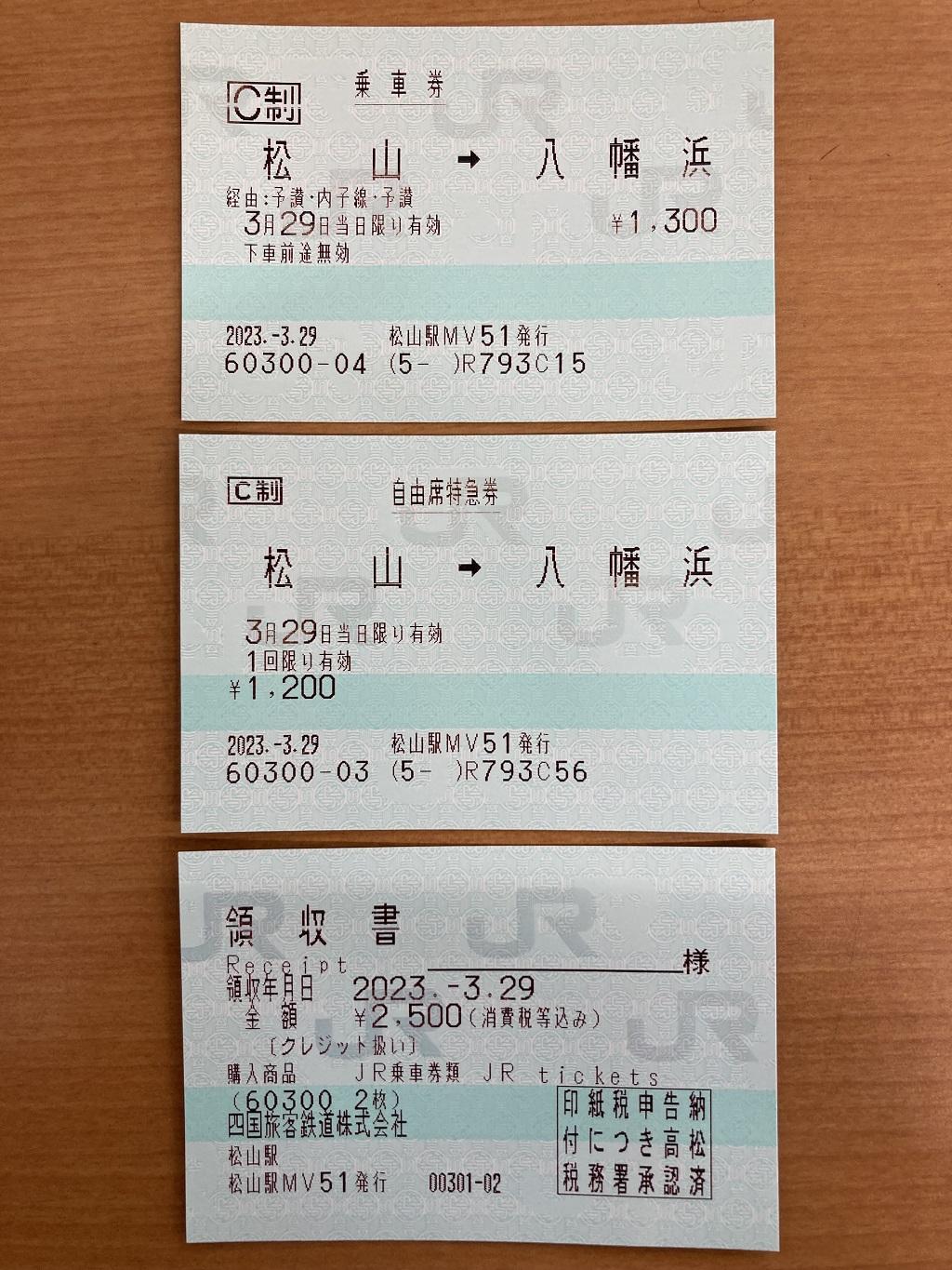 JR松山駅からJR八幡浜駅までの乗車券・自由席特急券・領収書