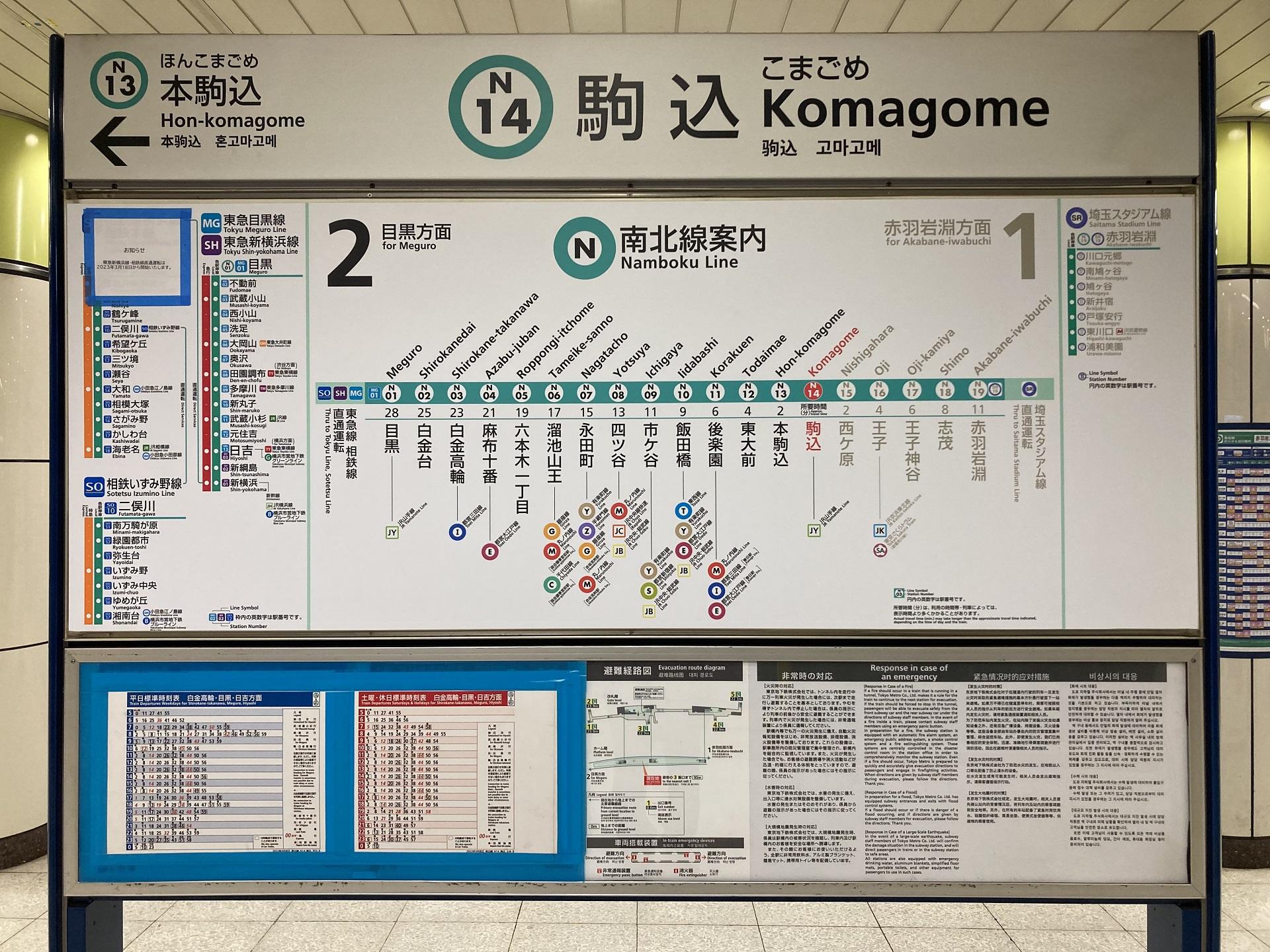 東京メトロ南北線 駒込駅 目黒方面の路線図