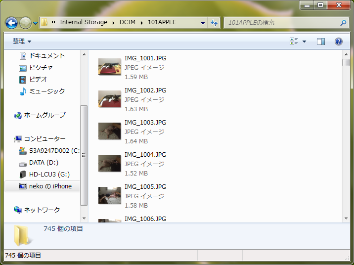 Windowsのエクスプローラで表示したiPhone内の写真のサムネイル